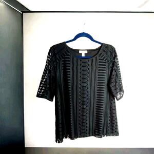 Dana Buchman Women’s Black Eyelet Lace Blouse Size L – Short Sleeve Elegant Top